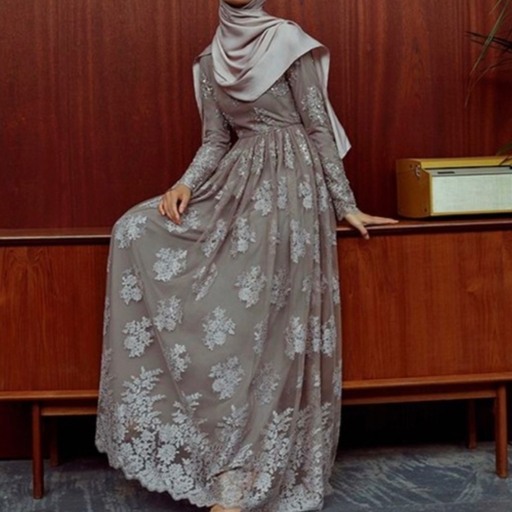 Inayah modest gown. Long-sleeve, full-length—mink.